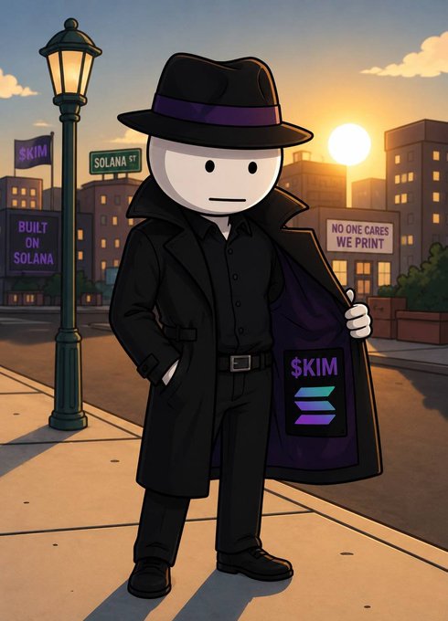 A cartoon figure in a black trench coat and fedora opens their coat to reveal a glowing Solana "$KIM" logo, standing on a street labeled "Solana St" with a billboard reading "NO ONE CARES WE PRINT" — visually reinforcing the post's claim that $KIM is the king of Solana while playfully echoing the dismissive "no one cares" sentiment.