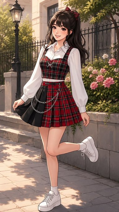An anime-style illustration of a girl with dark hair and a red bow, wearing a red and black plaid skirt and white blouse, posing outdoors near flowers and a lamppost.