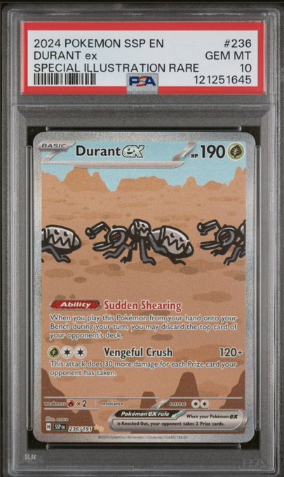 A PSA-graded GEM MT 10 2024 Pokémon SSP Durant ex #236 Special Illustration Rare trading card, featuring the ability 'Sudden Shearing' and attack 'Vengeful Crush'.