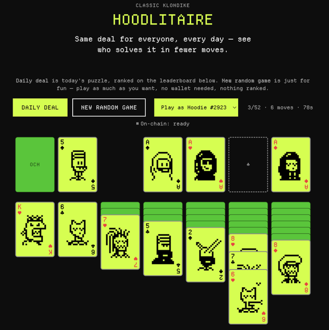 A screenshot of a digital card game called 'HOODLITAIRE - CLASSIC KLONDIKE', showing a daily deal Solitaire game in progress with pixel art playing cards and text indicating '3/52 · 6 moves · 78s'.