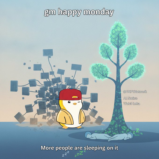 A Web3-themed cartoon by @NPYNetwork showing a penguin character next to a tree labeled 'AI Native Web3 Infra' with sleeping figures, captioned 'gm happy monday' and 'More people are sleeping on it'.