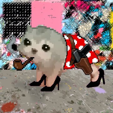 A pixelated, glitch-art style image depicts a fluffy white dog wearing a red patterned garment and black high-heeled boots, smoking a pipe against a colorful abstract background.