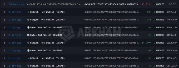 A dark-themed screen showing transaction records from Bitget and Gate exchanges involving various wallet addresses and amounts in NAORIS.