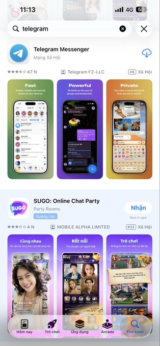 An iPhone App Store screenshot showing search results for 'telegram', featuring the official 'Telegram Messenger' app by 'Telegram FZ-LLC' and a second app called 'SUGO: Online Chat Party'.