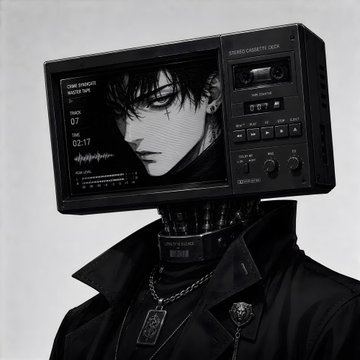 A black-and-white cyberpunk-style illustration shows a figure in a dark jacket with a retro TV displaying a manga character's face and "TOM KAYOIS DRIVE DREAM." in place of a head.