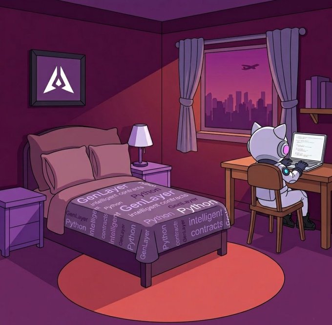 urn of purple flowers sits on a pink rug, with a cartoon character using a laptop and a window view of a city skyline at sunset.