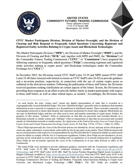 A CFTC (Commodity Futures Trading Commission) FAQ document from December 2026 addressing registrant and registered entity activities related to crypto assets and blockchain technologies under the Commodity Exchange Act.