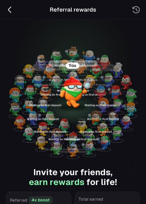 The image shows a referral rewards screen titled "Referral rewards" with a network of cartoon characters (many appearing as SpyDoor mascots) surrounding a central "You" figure, all labeled "Waiting on first deposit." The bottom reads "Invite your friends, earn rewards for life!" with a "4x boost" badge for referred users and a "Total earned" section below.

This relates to the post as the user is showcasing their referral network on what appears to be a crypto platform, noting they haven't deposited yet, so none of their referred friends (the cartoon characters waiting on first deposit) have generated any rewards for them yet.