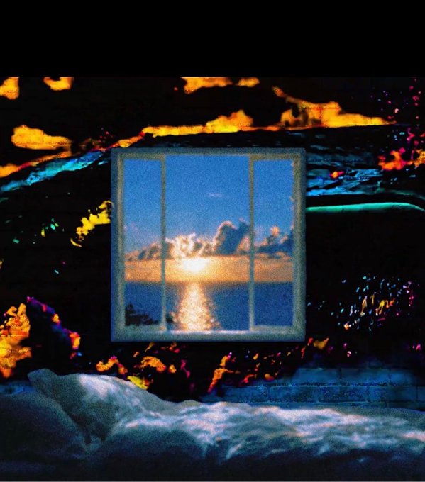 A surreal digital artwork showing a window framing a sunset over the ocean, surrounded by colorful, fiery, lava-like abstract patterns and white clouds at the bottom.