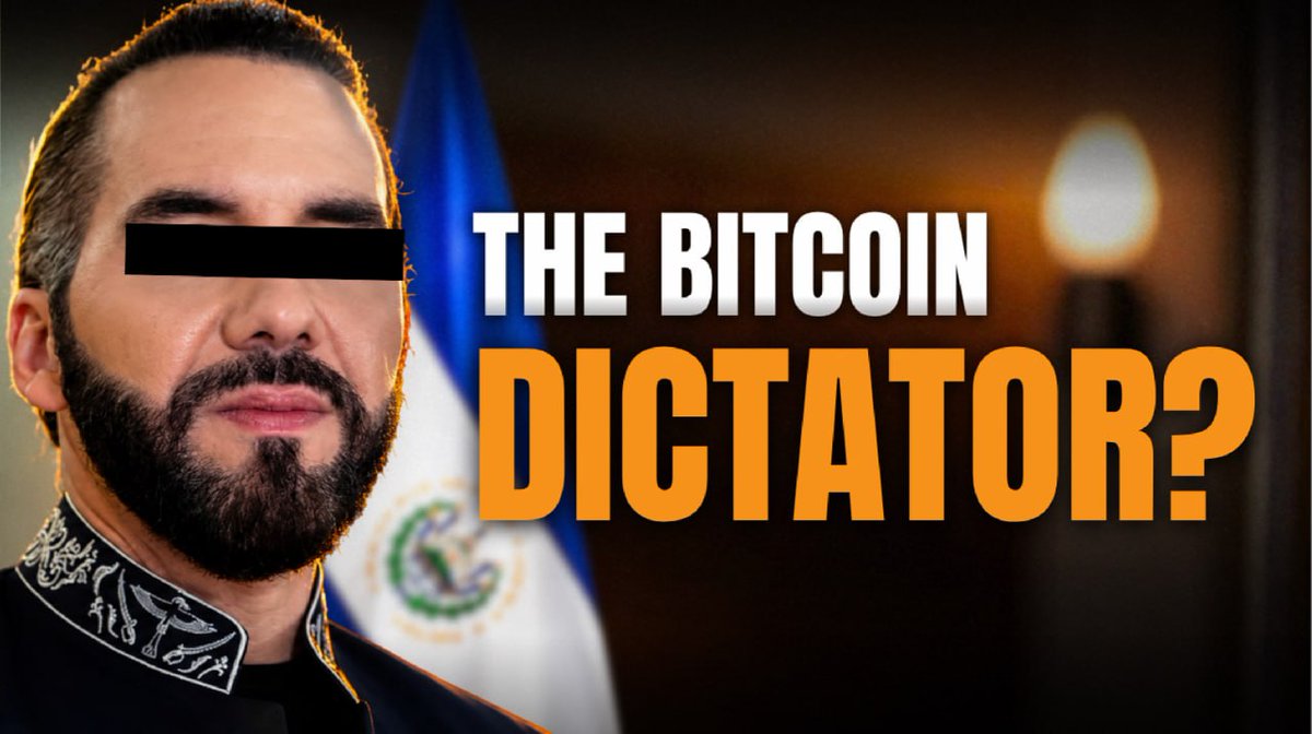 A YouTube thumbnail-style image shows Nayib Bukele (eyes censored with a black bar) in military attire next to an El Salvador flag, with the bold text 'THE BITCOIN DICTATOR?'