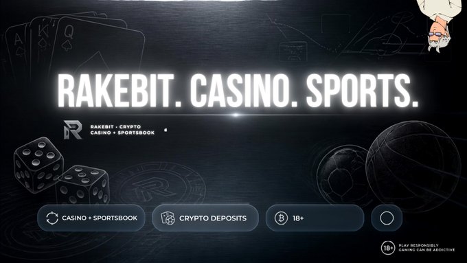 A digital advertisement for 'RAKEBIT. CASINO. SPORTS.' featuring logos for 'CASINO + SPORTSBOOK', 'CRYPTO DEPOSITS', and an '18+' age restriction.