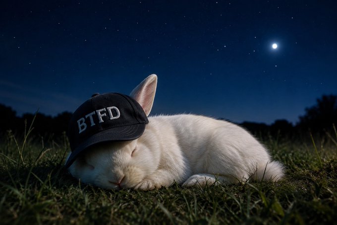 A bunny in a black "BTFD" cap sleeps under a starry night sky with the moon glowing above, symbolizing crypto traders "recharging" after Bitcoin's strong Monday push toward $80K. The relaxed rabbit embodies the "rest well, stack dreams" vibe as $BTC holds near $78.95k.