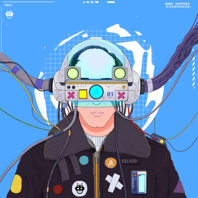 A stylized illustration of a character wearing a futuristic VR headset labeled '01' and a dark jacket with 'SILVIO' badge, set against a blue background with 'HADE KEEPERS' and '0001' text.