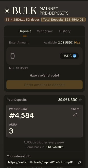 The image shows a cell phone displaying a screen shot from an app named "Bulk Trade Mainnet" with three lines of text related to cryptocurrencies, mainly Bitcoin. The main focus is on the cryptocurrency trading app, where one can see information about total deposits made into their account and the total amount of USDC deposited. It seems that the app is promoting the use of BitCoin and a different cryptocurrency called Solana Perp, potentially indicating early investment opportunities in this emerging market.
