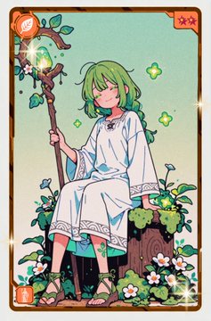 An anime-style illustration of a green-haired character in a white robe holding a staff, surrounded by flowers and glowing green orbs in a game card format.