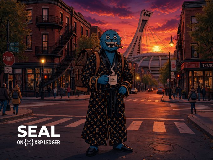 An illustrated blue character wearing a Louis Vuitton monogram robe and smoking a cigar holds a coffee mug labeled 'SEAL' while standing on a city street at sunset, with text 'SEAL ON [X] XRP LEDGER'.
