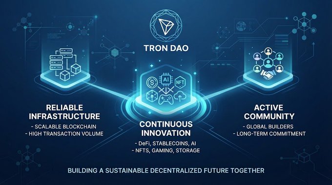 An infographic for 'TRON DAO' highlighting 'RELIABLE INFRASTRUCTURE', 'CONTINUOUS INNOVATION' (DeFi, Stablecoins, AI, NFTs, Gaming, Storage), and 'ACTIVE COMMUNITY', with the tagline 'BUILDING A SUSTAINABLE DECENTRALIZED FUTURE TOGETHER'.
