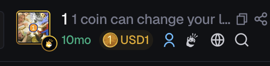 A profile listing snippet showing the title '1 1 coin can change your l...', a 10-month badge, a 1 USD1 coin indicator, and icons for people, popularity, web, and search.