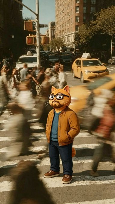An anthropomorphic orange cat wearing glasses, a brown jacket, blue shirt, and jeans stands on a zebra crossing in a busy city street with yellow taxis and blurred pedestrians.