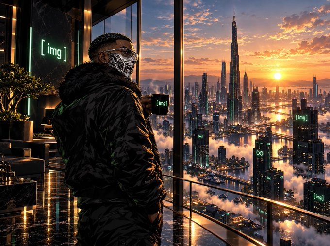 A digital artwork of a man in a black puffer jacket and skull mask holding a mug, standing in a modern high-rise looking out over a futuristic cyberpunk city at sunset, with text labels like '[img]' scattered throughout.