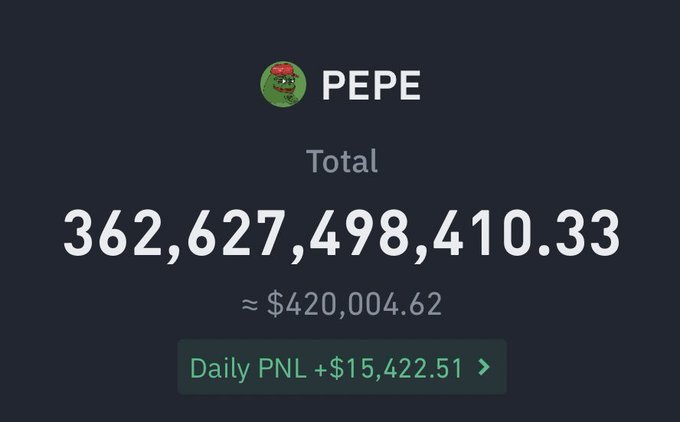 A digital wallet/cryptocurrency screen showing 'PEPE' with a Pepe the Frog avatar, displaying a total of '362,627,498,410.33' tokens, approximately '$420,004.62', and 'Daily PNL +$15,422.51' in green.