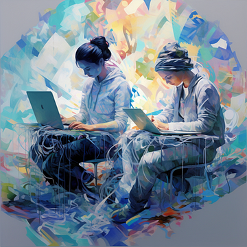 An abstract colorful digital painting depicting two figures working on laptops, surrounded by vibrant swirling brushstrokes in blues, oranges, and yellows.
