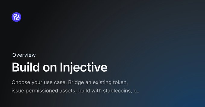 A dark-themed Injective Integrations Portal landing screen displays a purple logo in the top-left corner with the heading "Build on Injective" under an "Overview" label, introducing use case options like bridging tokens, issuing permissioned assets, and building with stablecoins—directly reflecting the post's announcement of Injective's new builder-focused portal.