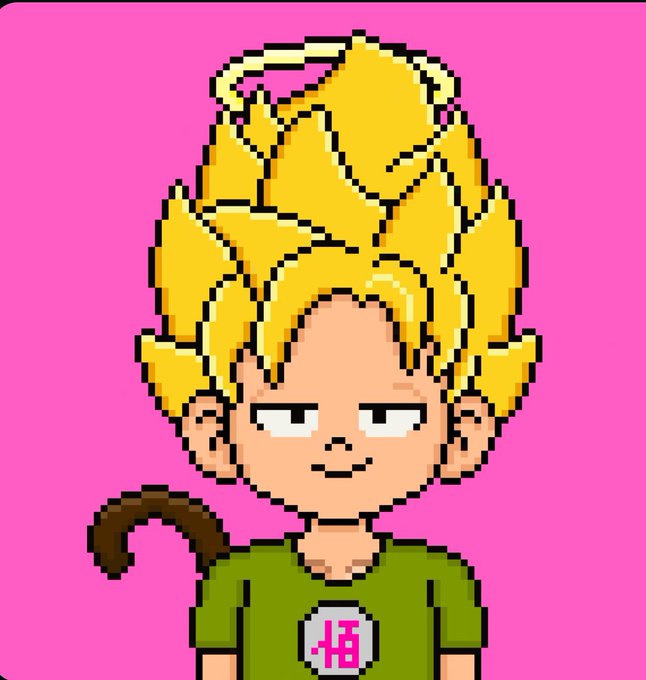 A pixel art character with spiky blonde hair resembling Super Saiyan style, wearing a green shirt with a Japanese kanji character, and a tail, against a pink background.