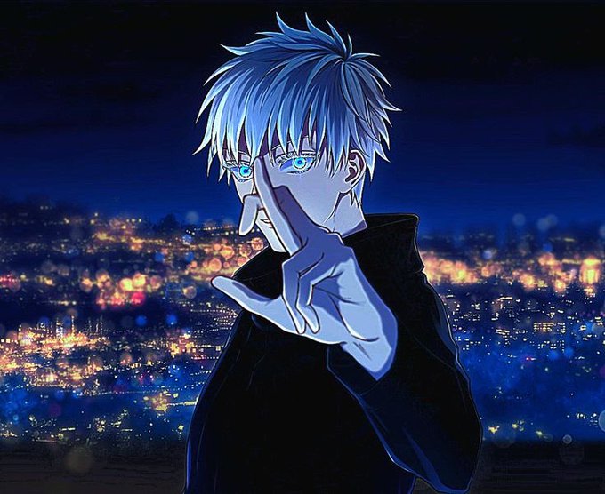 An anime-style illustration of a character with white hair and blue eyes against a night cityscape, holding up two fingers.
