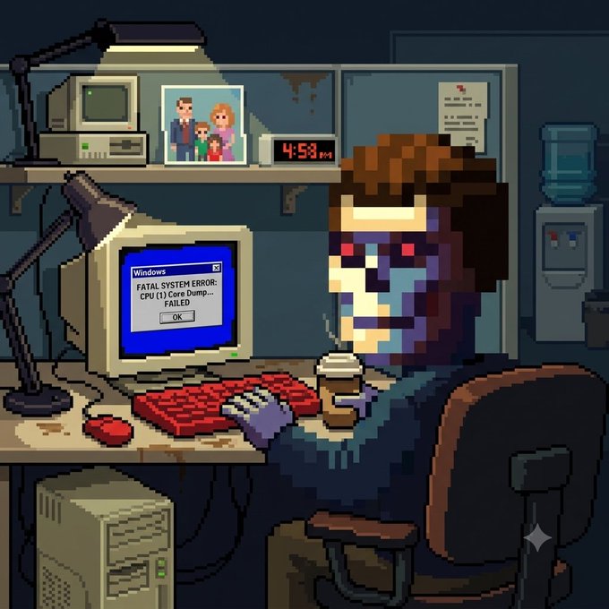 A pixel art illustration of a man with red glowing eyes sitting at a desk facing an old CRT monitor displaying a blue 'Windows FATAL SYSTEM ERROR: CPU (1) Core Dump... FAILED' screen, with a family photo and a clock showing '4:58 AM' on a shelf behind him.