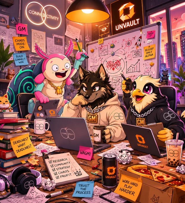 A colorful cartoon illustration of anthropomorphic characters (a pink axolotl and birds) working at laptops in a chaotic office setting, with visible labels 'CONNECTIVITY', 'UNVAULT', 'GM', 'CM', 'WAGMI', 'TRUST THE PROCESS', and 'WORK HARD PLAY HARDER'.