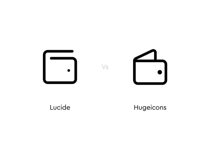 A comparison graphic showing two wallet icons side by side, labeled "Lucide" on the left and "Hugeicons" on the right, with "Vs" displayed between them.