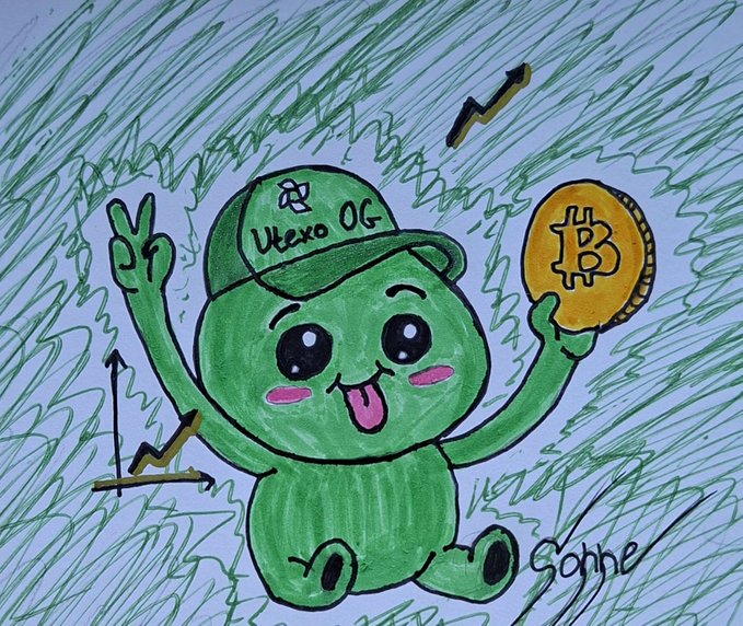 The image features a cartoon character wearing a green hat, holding a gold coin, and surrounded by various elements related to Bitcoin payments. The character appears to be a small green frog with a big smile, symbolizing happiness or positivity associated with Bitcoin transactions. The background of the image is filled with lines and curves, which could represent different aspects of Bitcoin's evolution in terms of payment models and infrastructure. The post also mentions that Bitcoin payments continue to evolve through new models and that the network built around @utexocom focuses on fast USDT settlement on the Lightning Network.