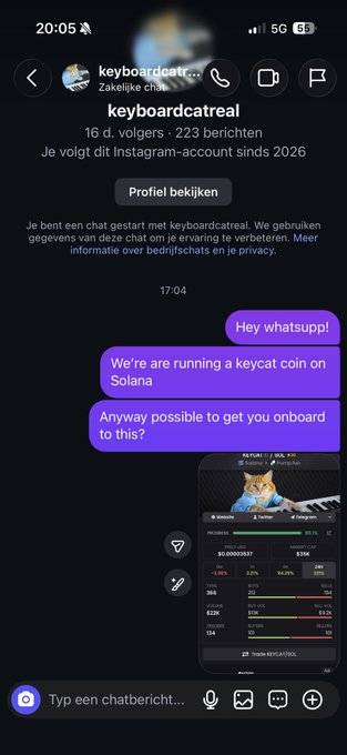 An Instagram DM conversation in Dutch from user 'keyboardcatreal' to 'Zakelijke chat', proposing to run a keycat coin on Solana with an attached meme coin screenshot.