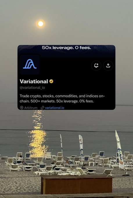 A promotional image for Variational (@variational_io) overlaid on a beach scene with lounge chairs and the sun setting over the ocean, advertising "50x leverage. 0 fees" and on-chain trading of crypto, stocks, commodities, and indices with 500+ markets.