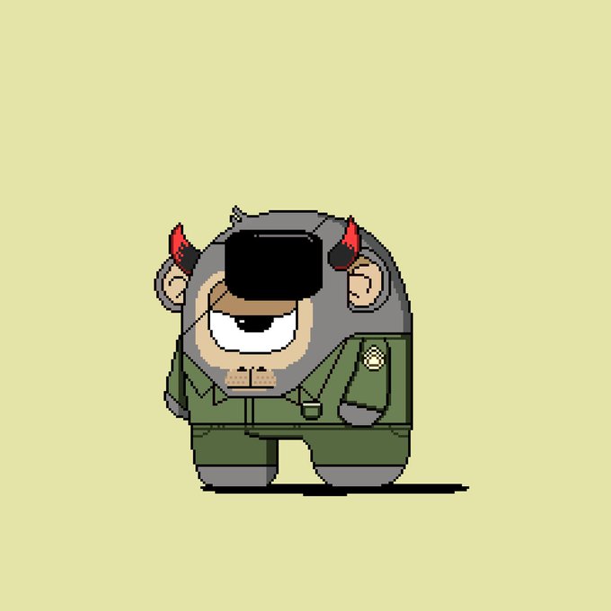 A cartoonish pixel art character resembling a gray monkey in a green military jumpsuit and a black VR headset with red devil horns.
