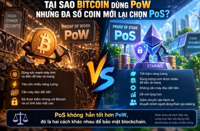 A Vietnamese-language infographic titled 'TAI SAO BITCOIN DÙNG PoW NHƯNG ĐA SỐ COIN MỚI LẠI CHỌN PoS?' compares Bitcoin's Proof of Work vs. Ethereum's Proof of Stake mechanisms.