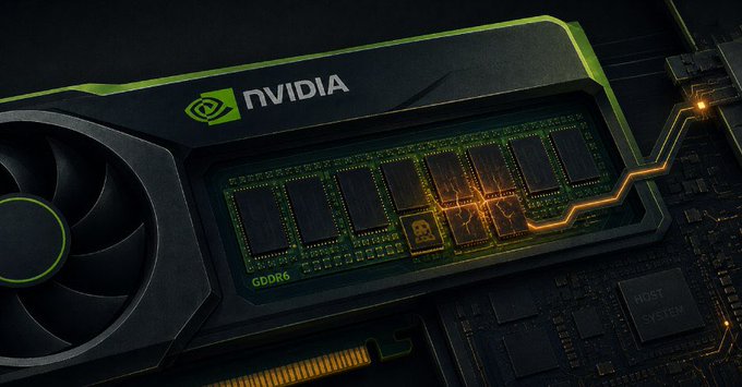 A close-up, stylized image shows an NVIDIA graphics card with exposed GDDR6 memory chips, featuring a green and black shroud, a fan on the left, and glowing orange circuitry accents.