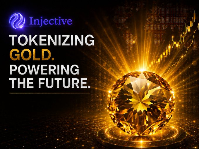 The image features an "Injective" branded promotional graphic displaying a large golden gemstone alongside the tagline "TOKENIZING GOLD. POWERING THE FUTURE," with rising gold candlestick charts in the background symbolizing market growth. It visually reinforces the post's message about Injective's role in the booming $7 billion tokenized gold market, where traditional assets are being transformed into programmable digital assets experiencing 300% growth.