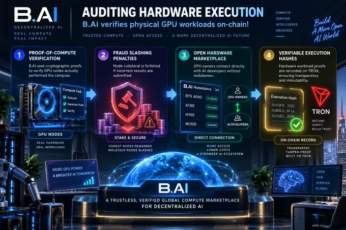 A promotional infographic for B.AI titled 'AUDITING HARDWARE EXECUTION' explaining how the platform verifies GPU workloads on-chain through proof-of-compute verification, fraud slashing penalties, an open hardware marketplace, and verifiable execution hashes recorded on TRON.