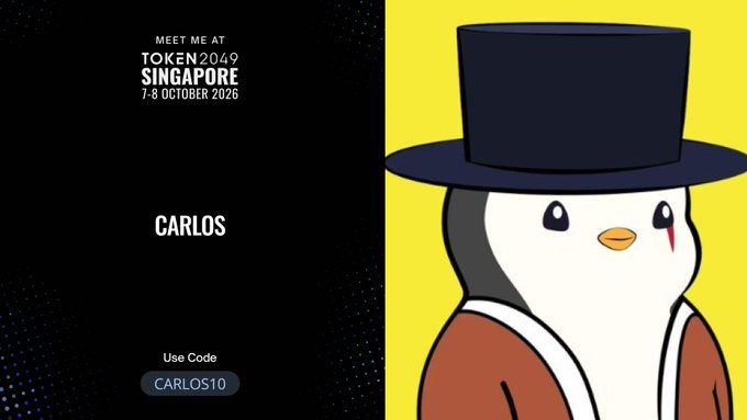 A promotional banner for TOKEN2049 Singapore (7-8 October 2026) featuring the name 'CARLOS', a discount code 'CARLOS10', and an illustration of a penguin in a top hat.