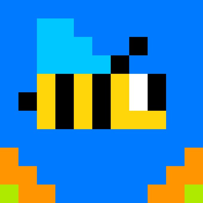 A pixel art rendering resembling a retro video game scene featuring a yellow and black bee-like creature with cyan wings against a blue background with orange ground tiles.
