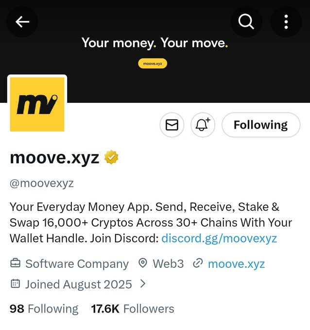 The image shows a social media post featuring an advertisement for a money app called "moove". The post includes links to various social media pages, including one that talks about cryptocurrency and another about social media. A user named "@mooveXYZ" is also mentioned in the post.