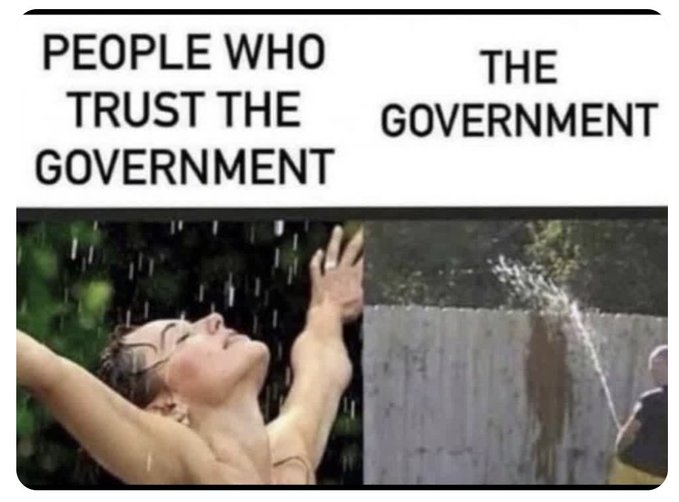 A meme comparing 'PEOPLE WHO TRUST THE GOVERNMENT' to 'THE GOVERNMENT', using side-by-side images of a woman joyfully embracing rain versus an image of a dog urinating on a fence.