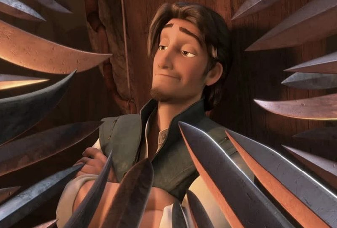 Animated character Flynn Rider from Tangled stands with crossed arms, surrounded by numerous sharp blades pointing inward.