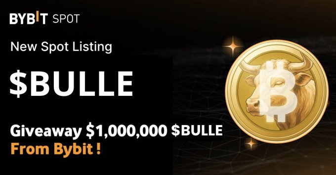 The image is a promotional graphic from Bybit announcing a new spot listing for the $BULLE token, featuring a gold bull-themed coin with the Bitcoin "B" symbol. It highlights a giveaway of $1,000,000 $BULLE from Bybit, complementing the post's announcement of a limited 24-hour airdrop.
