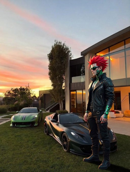 A 3D-rendered cyberpunk-style character with spiky red hair and cybernetic enhancements standing in front of a modern house with two sports cars at sunset.