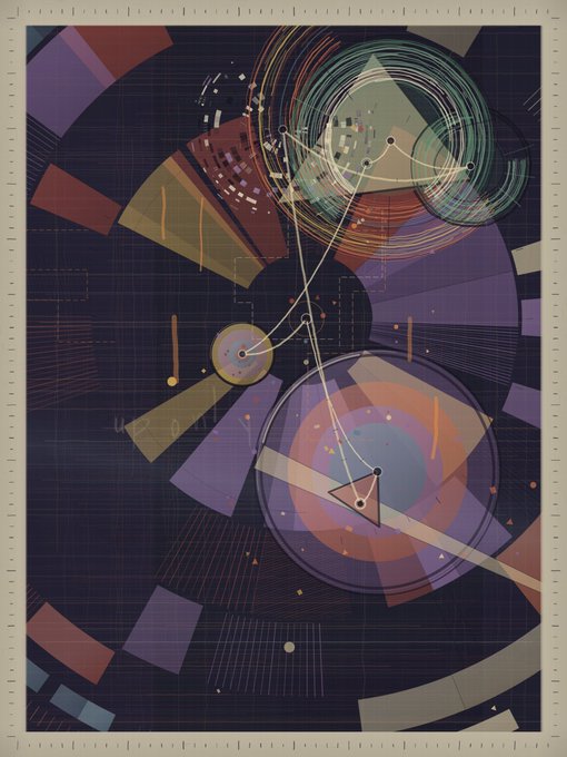 An abstract geometric artwork featuring overlapping circles, triangles, and linear elements in deep purple, orange, and teal tones against a dark blueprint-like background.