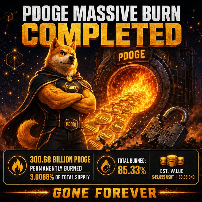 A promotional graphic titled 'PDOGE MASSIVE BURN COMPLETED' featuring an anthropomorphic Shiba Inu character, showing that 300.68 billion PDOGE (3.0068% of total supply) has been permanently burned, with an estimated value of $45,055 USDT / 63.35 BNB, and 'GONE FOREVER' displayed at the bottom.
