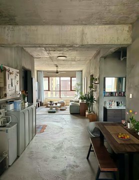 An interior view of an industrial-style loft apartment featuring exposed concrete ceilings and floors, a kitchen area to the left, and a living room with a couch and plants near large windows.